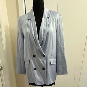 ZARA Light Blue Long Sleeve Satin Double Breasted Oversized Blazer Jacket